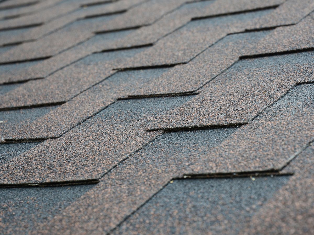 Close-up of architectural asphalt shingles showing their layered shadow lines