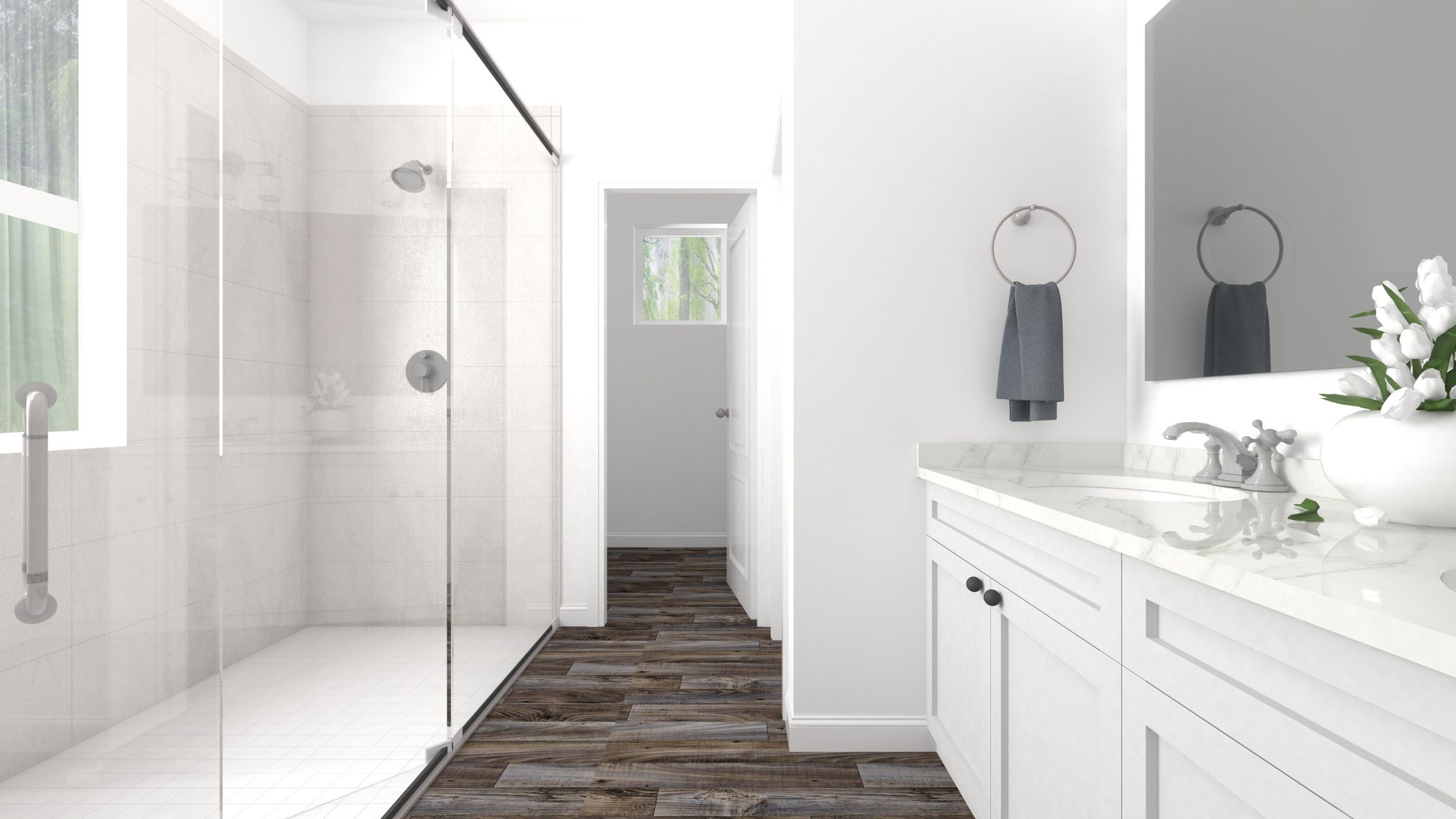 Finished bathroom with a tiled shower, vanity and mirror