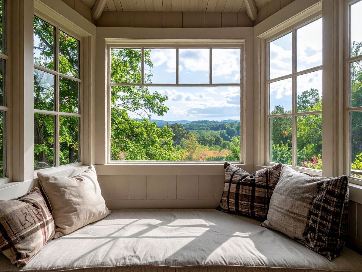 Bay window nook with a cushioned window seat overlooking trees and hills