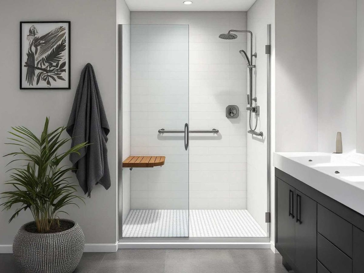 Walk-in shower with a horizontal grab bar and a fold-down teak seat