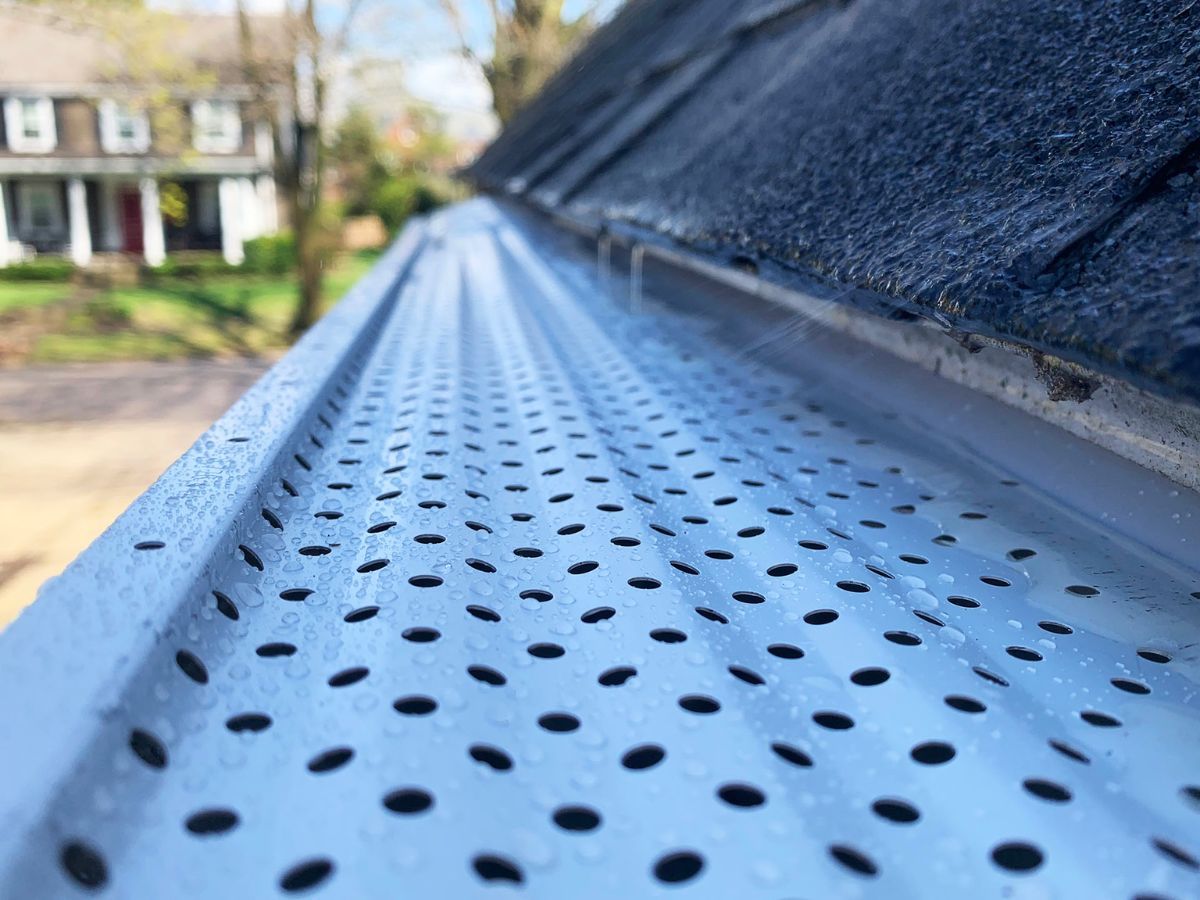 Long run of perforated gutter guard stretching along a roofline after rain