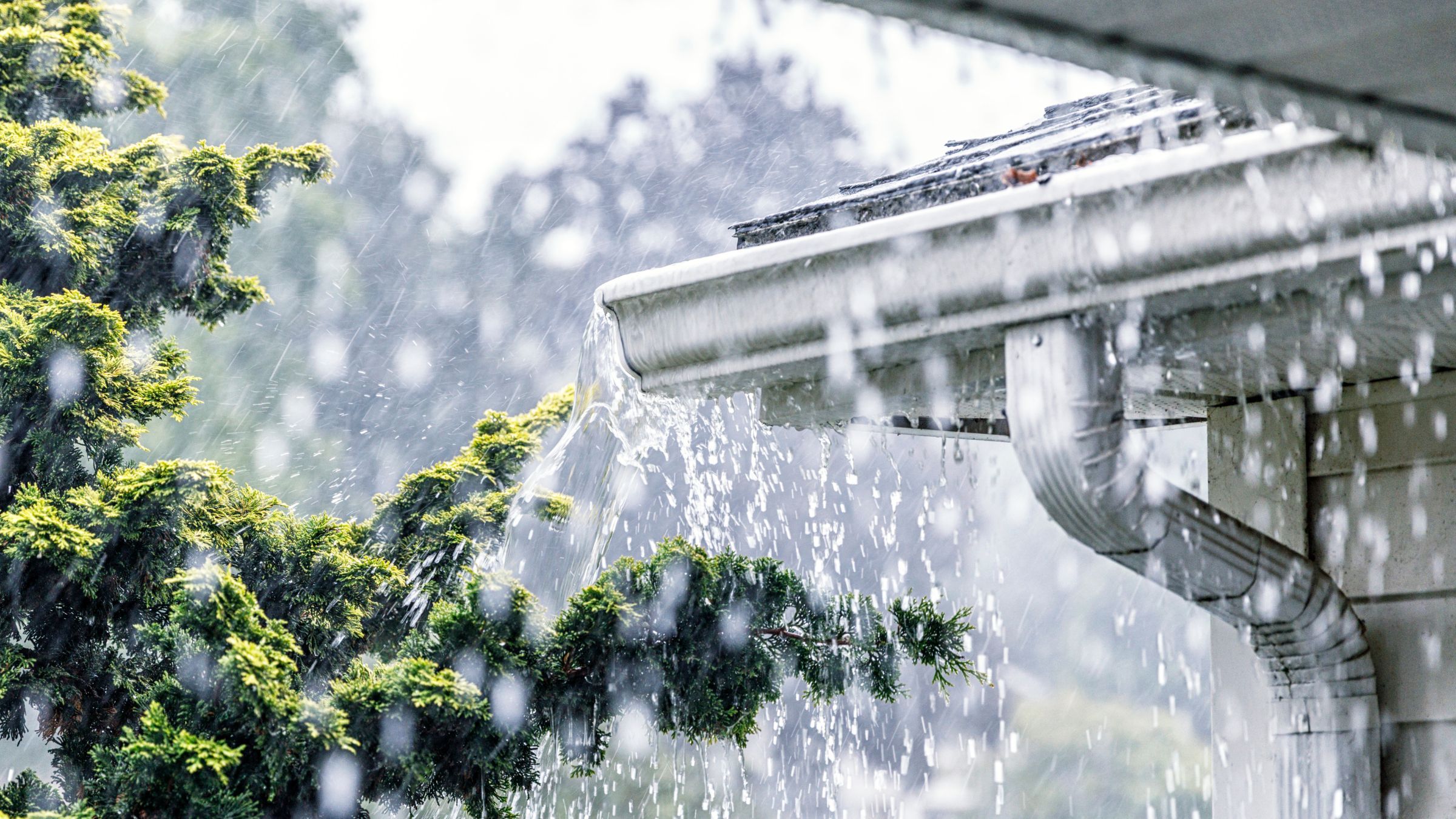 Rainwater spilling over the front edge of a gutter during heavy rain