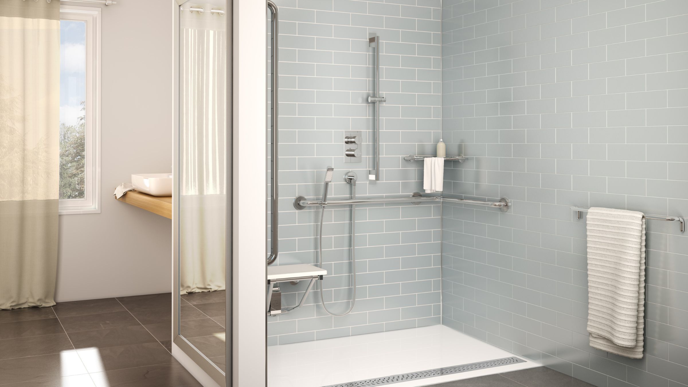 Barrier-free walk-in shower with a built-in bench and grab bar
