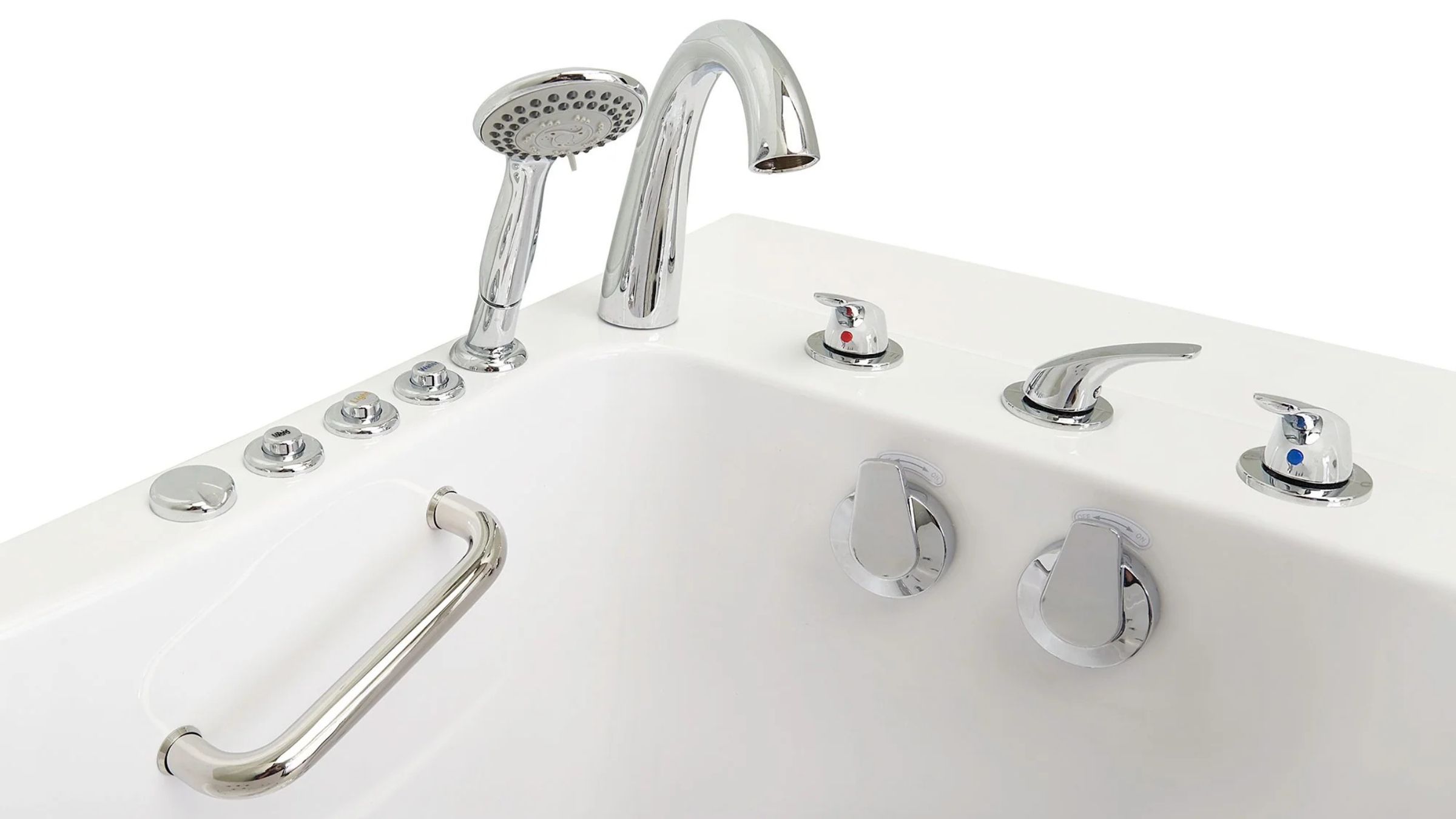 Walk-in tub controls, grab bar and handheld shower fitting