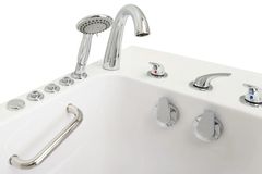 Walk-in tub controls, grab bar and handheld shower fitting