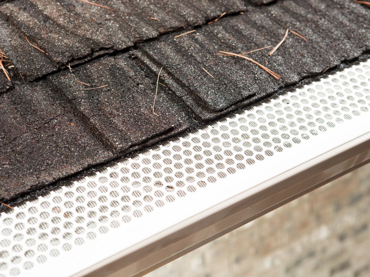 Mesh gutter guard clipped onto an existing white gutter under the roofline
